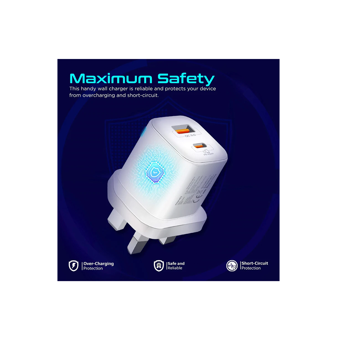 Promate PowerPort-25AC Ultra-Fast Dual Port AC Charger with 25W Power Delivery and QC 3.0 - White in Qatar Promate PowerPort-25AC Ultra-Fast Dual Port AC Charger with 25W Power Delivery and QC 3.0 - White in Qatar